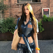下摆绑带柔软薄洗水牛仔短袖衬衫收腰短款上衣女夏新款显瘦牛仔裤
