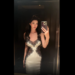 法式纯欲蕾丝吊带显瘦长裙
