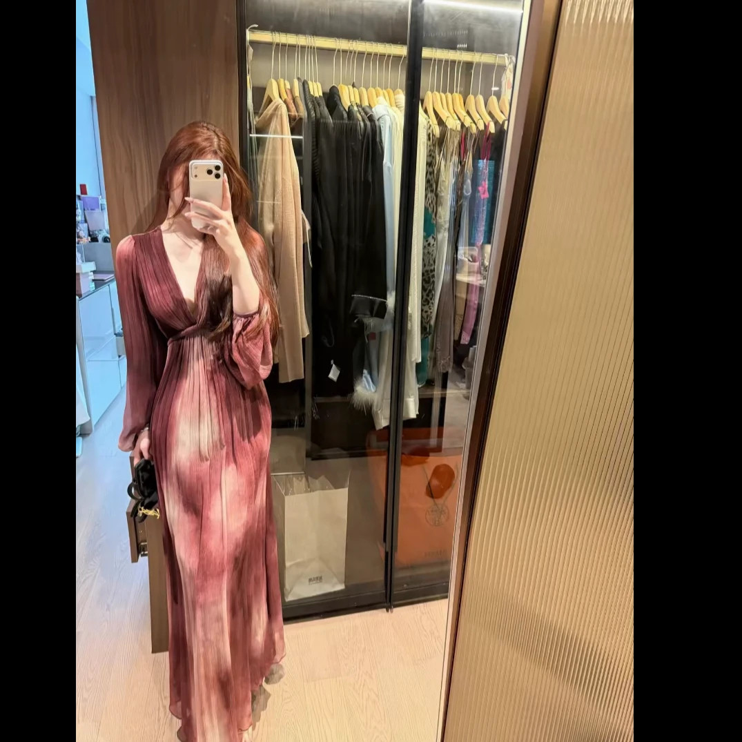 夏季轻奢V领酒雾晕染显瘦连衣裙