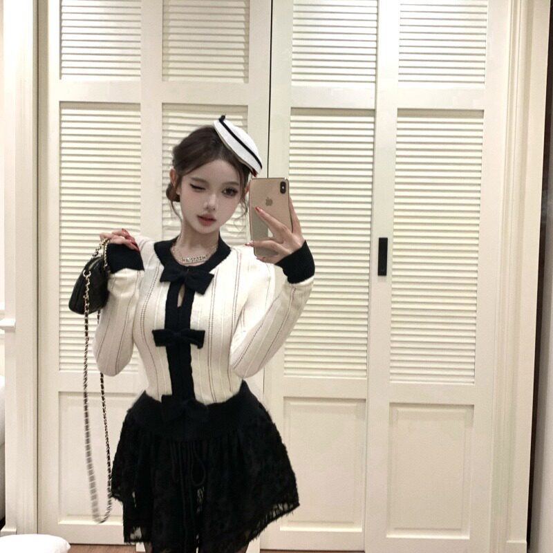 【晚间星屑】小香feel竖条黑白蝴蝶结撞色收腰针织衫上衣显瘦短裙