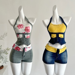 【甜酷单宁】美式辣妹2025夏复古牛仔吊带上衣配显瘦包臀短裤套装