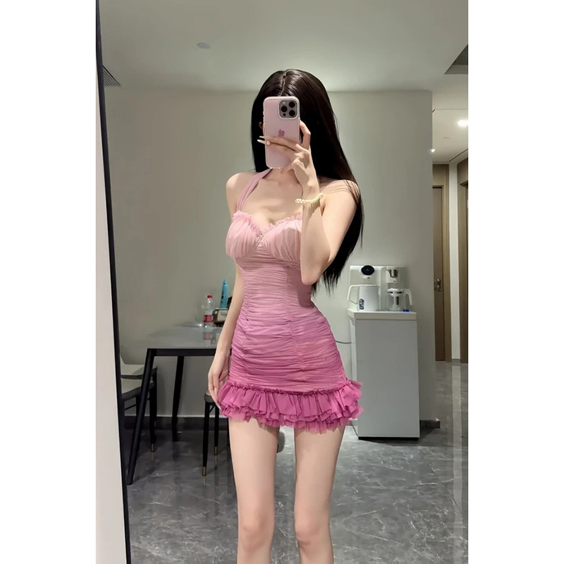 纯欲风性感辣妹粉色渐变吊带连衣裙漂亮独特气质收腰修身包臀短裙