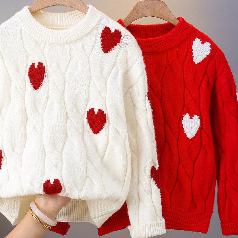 女童爱心圆领加厚保暖针织打底衫麻花秋冬洋气毛衣宝宝冬季毛线衣