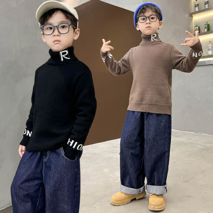 男童毛衣加绒加厚一体绒2024春秋新款中大儿童男孩洋气高领打底衫