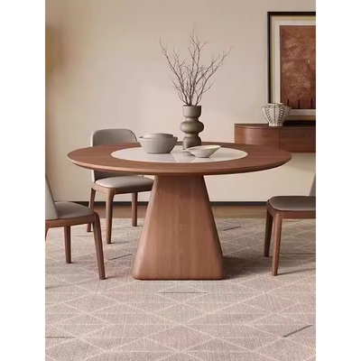 内嵌岩板电动转盘隐形电磁炉暖菜实木圆形餐桌家用圆桌中古风饭桌