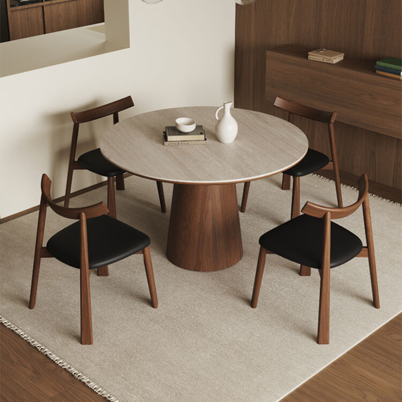 洞石岩板隐形电磁炉家用小户型餐厅实木圆形餐桌复古风黑胡桃木