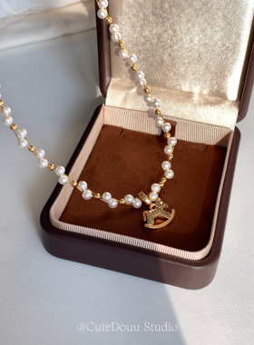 CuteDouu 珍珠小马 一款两戴！精致金色碎冰冰小马吊坠珍珠项链