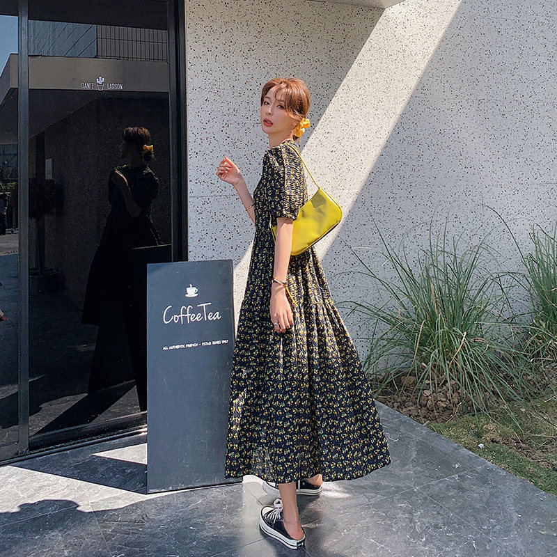 法式小碎花连衣裙女2020年夏季新款气质小个子中长款雪纺花裙子za