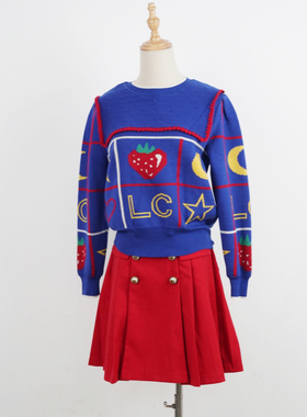 24秋冬兰*蔻*卓*雅150XS码蓝色羊毛混纺套头毛衣＋155S码厚百褶裙