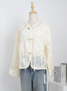 IMIZ重工蕾丝新中式国风刺绣衬衫宽松百搭盘扣上衣圆领防晒外套女