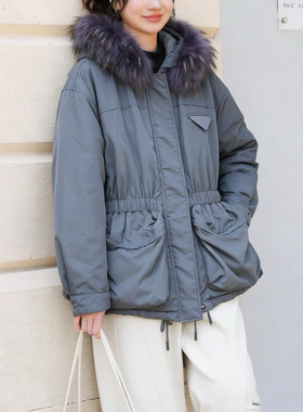 MIXI冬豪华狐狸毛领高级灰色90白鸭绒填充收腰短款羽绒服休闲高级