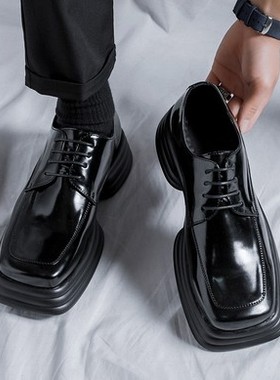 踩屎感 方头皮鞋男夏季透气韩版雅痞黑色皮鞋潮男翘头厚底大头鞋