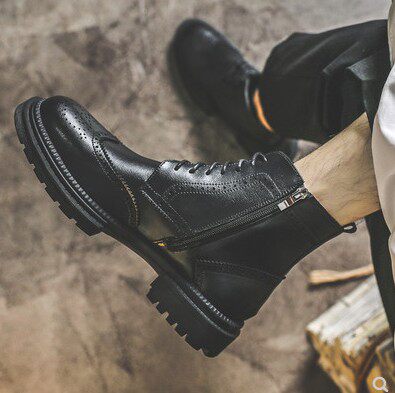 黑色马丁靴男中帮短靴英伦韩版内增高布洛克皮鞋男高帮加绒工装靴,流行男鞋,时装靴,淘宝优惠券,粉丝福利购,淘宝优惠卷