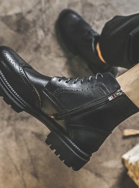 黑色马丁靴男中帮短靴英伦韩版内增高布洛克皮鞋男高帮加绒工装靴