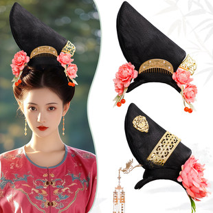 宋制汉服假发髻高耸花冠造型珍珠流苏绢花发饰古风仕女图写真配饰