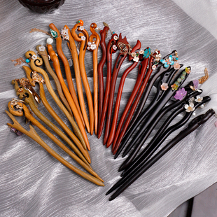 烟雨晴 古风檀木发饰新中式盘发木簪烧蓝蝴蝶花朵点缀长流苏发簪