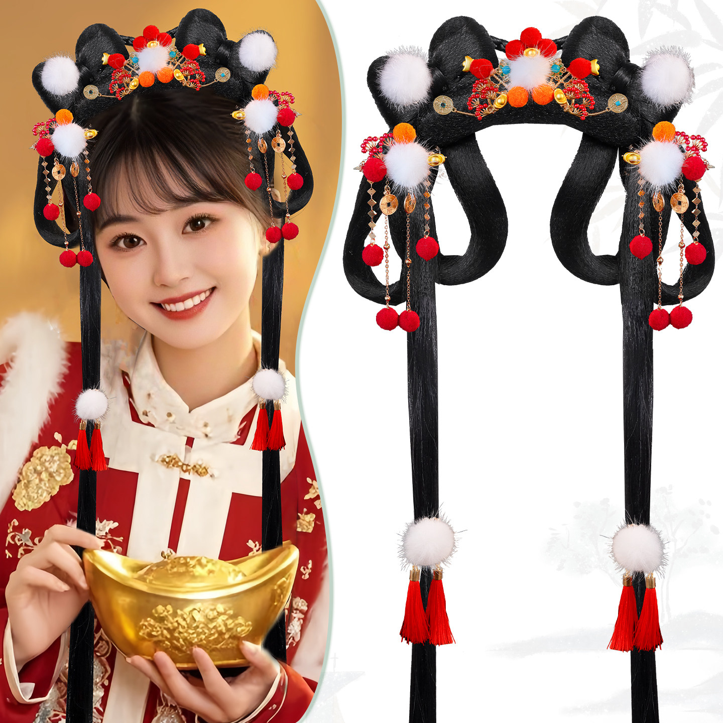 新年喜庆红色发饰假发组合