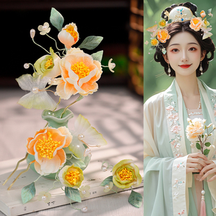 唐风可爱发夹汉服头花发饰古风头饰簪花仿绒花清新黄绿色花朵发钗