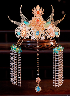 敦煌异域风长流苏绿色系发冠发钗步摇典雅气质头饰唐风汉服配饰