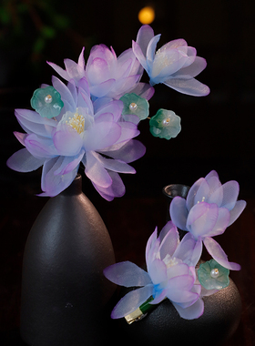 古风纯手工制作紫色绢纱烫花对夹发夹汉服旗袍头饰清新甜美头花