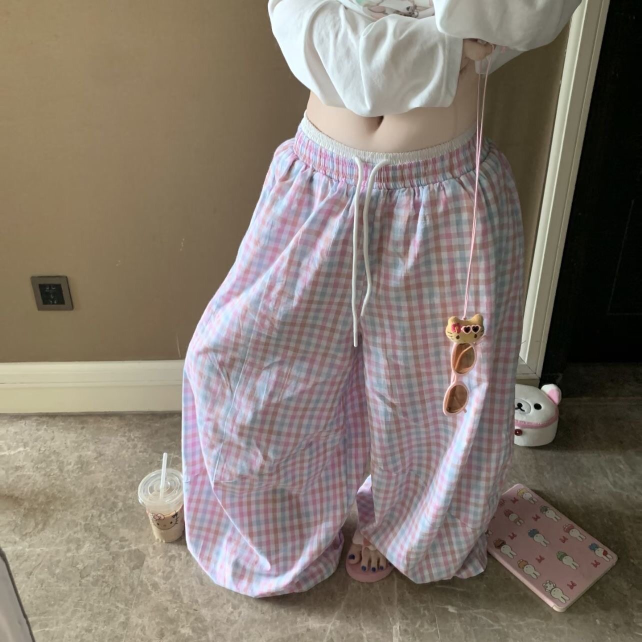 粉蓝格子高腰薄款阔腿裤女