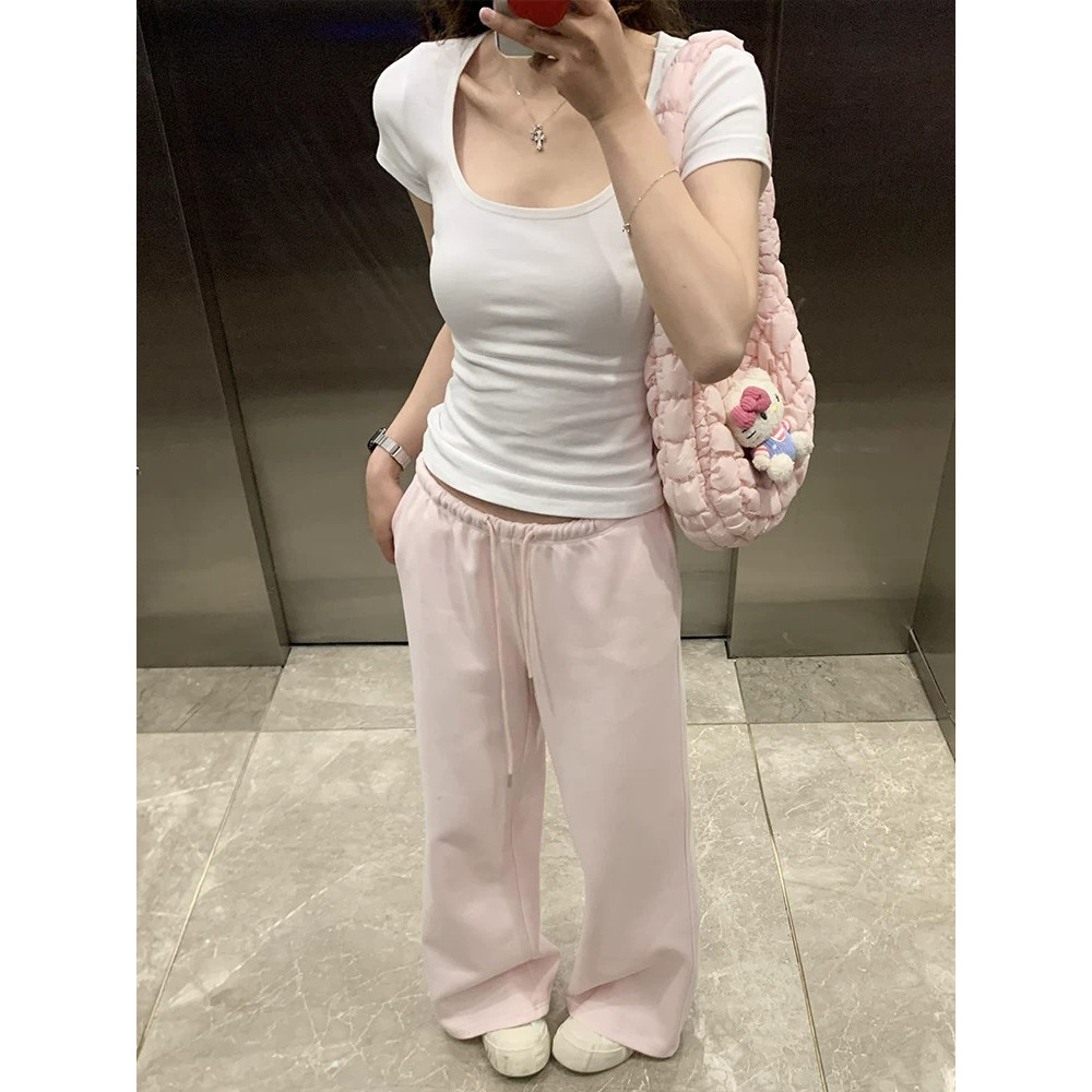 慵懒风粉色抽绳休闲裤女秋冬新款加绒百搭显瘦高腰阔腿运动直筒裤