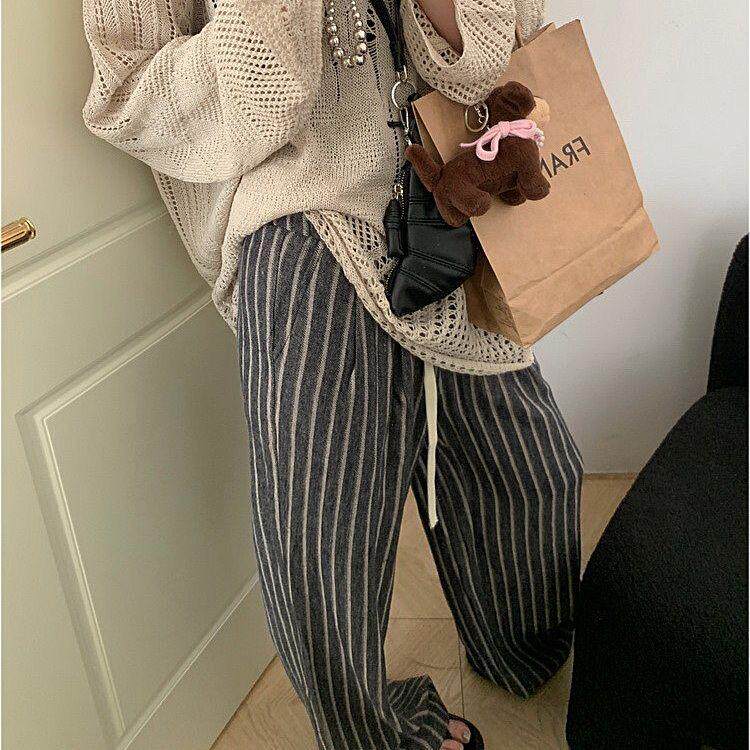美式复古街头条纹阔腿裤女秋季新款宽松慵懒风显瘦垂感休闲运动裤