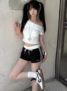 美式复古运动短裤女2025新款夏高腰显瘦外穿薄款黑色休闲紧身热裤