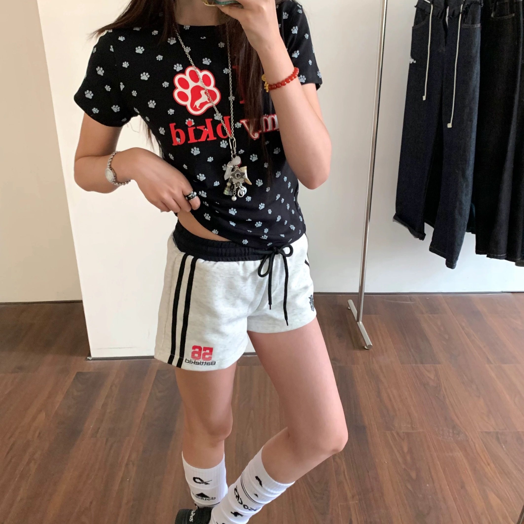 美式复古两条杠高腰显瘦短裤女