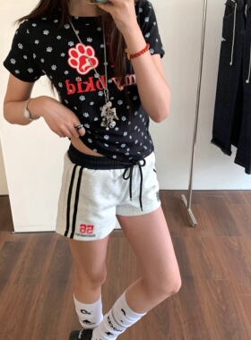 美式复古两条杠运动短裤女夏季2025新款高腰宽松显瘦直筒阔腿热裤