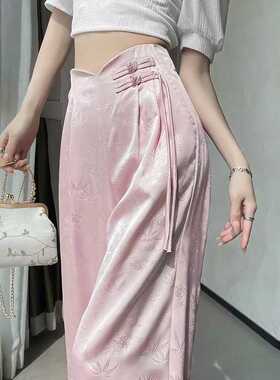 新中式缎面粉色提花裤子女夏季国风多巴胺窄版禅意宋裤休闲直筒裤