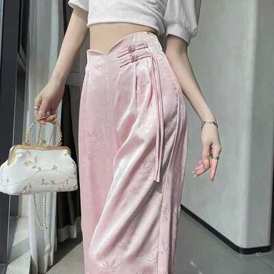 新中式缎面粉色提花裤子女夏季国风多巴胺窄版禅意宋裤休闲直筒裤