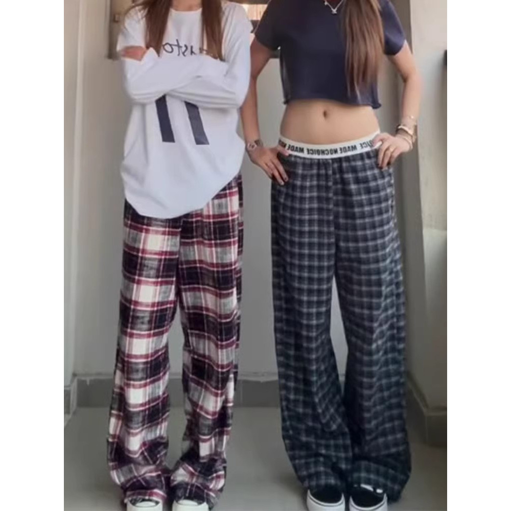 美式复古红格子高腰直筒休闲裤