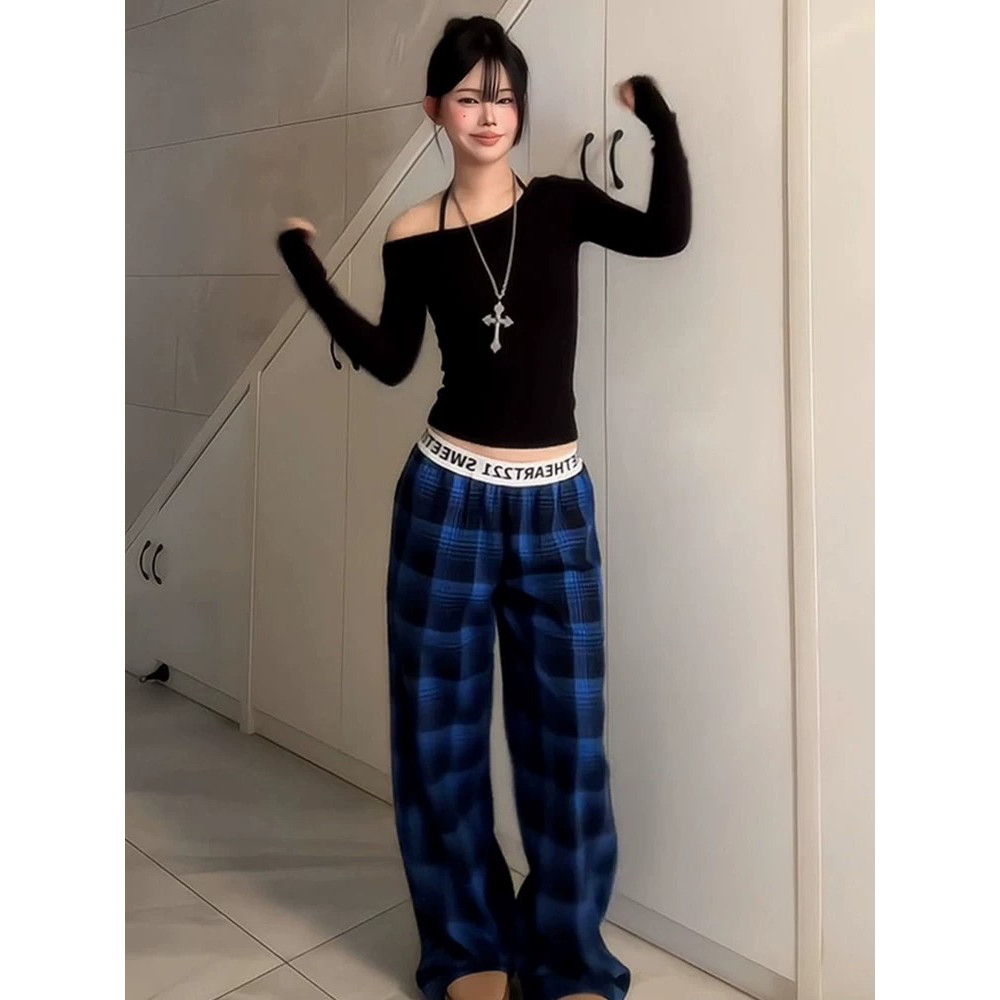 夏季美式复古格纹高腰阔腿女裤