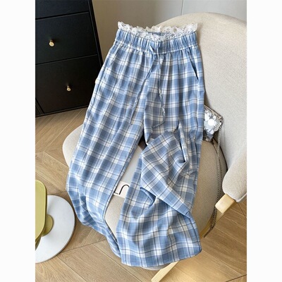 蕾丝花边拼接格子阔腿裤女