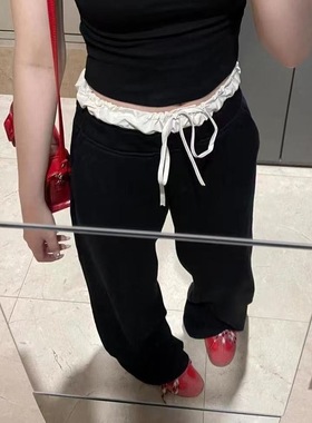 芭蕾风花边黑色裤子女夏季2025新款设计感小众高腰宽松直筒阔腿裤