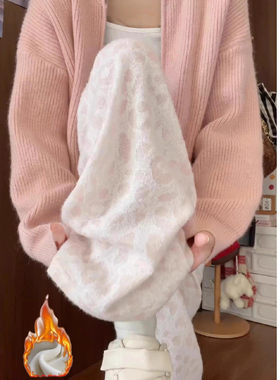 粉色加绒休闲糯米裤女秋季2025新款设计感高腰宽松显瘦豹纹阔腿裤