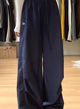 藏青色工装裤女夏季高腰宽松bf慵懒风直筒裤速干休闲小个子阔腿裤