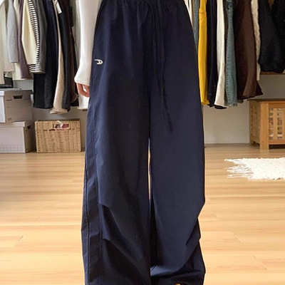 藏青色工装裤女夏季高腰宽松