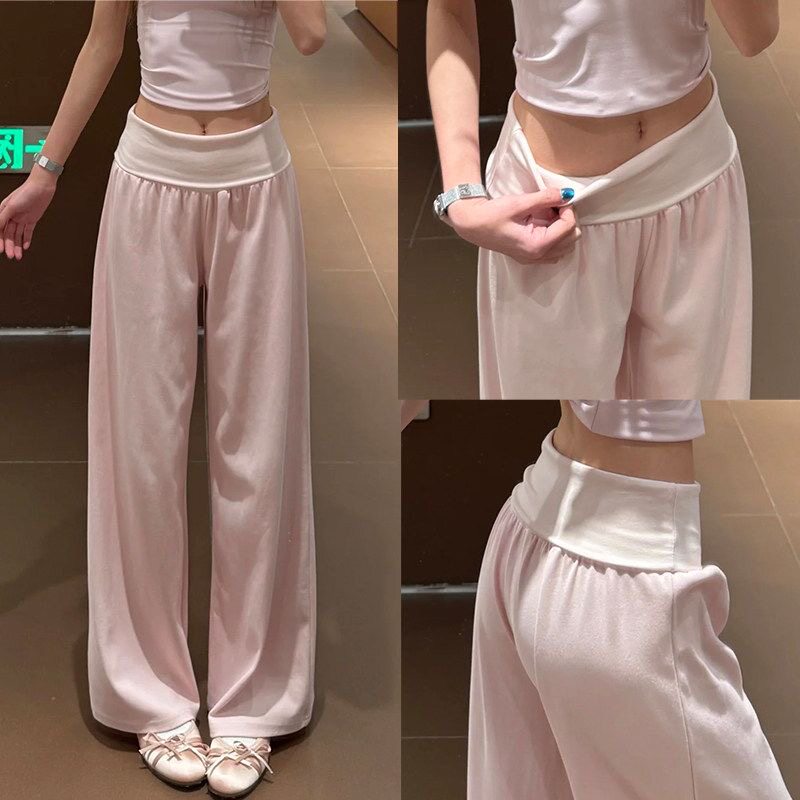 粉色瑜伽翻边运动裤女夏季