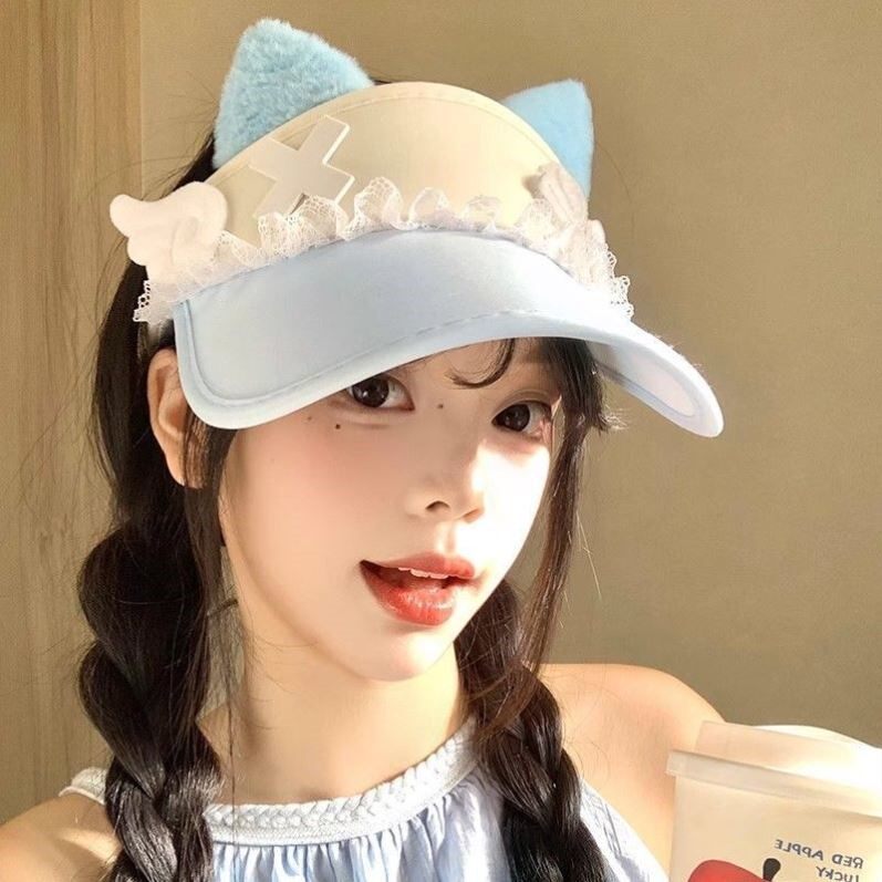 可爱长带子丝绒猫耳朵棒球帽子女士春夏飘带鸭舌帽女韩版百搭学生