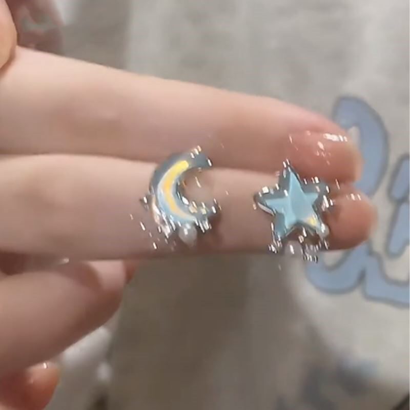 蓝色星星月亮珍珠耳钉女.设计感十足~夏天耳饰耳夹~