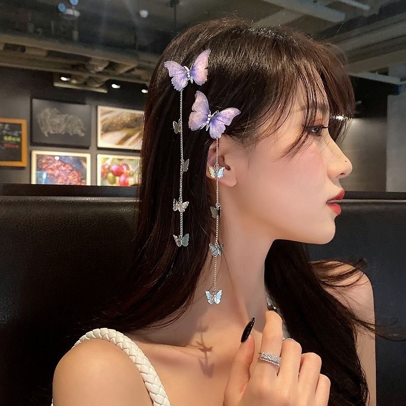 超仙粉色蝴蝶流苏发夹精致高级感侧边夹子森系超仙网纱水钻头饰