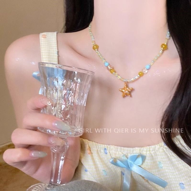 海边度假风橙色海星串珠锁骨链女夏天独特新款项链多巴胺装饰颈链