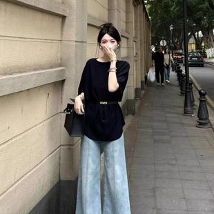 英国NEXT T恤女2025宽松显瘦上衣 ROAD夏圆领中分袖 配腰带冰丝短袖
