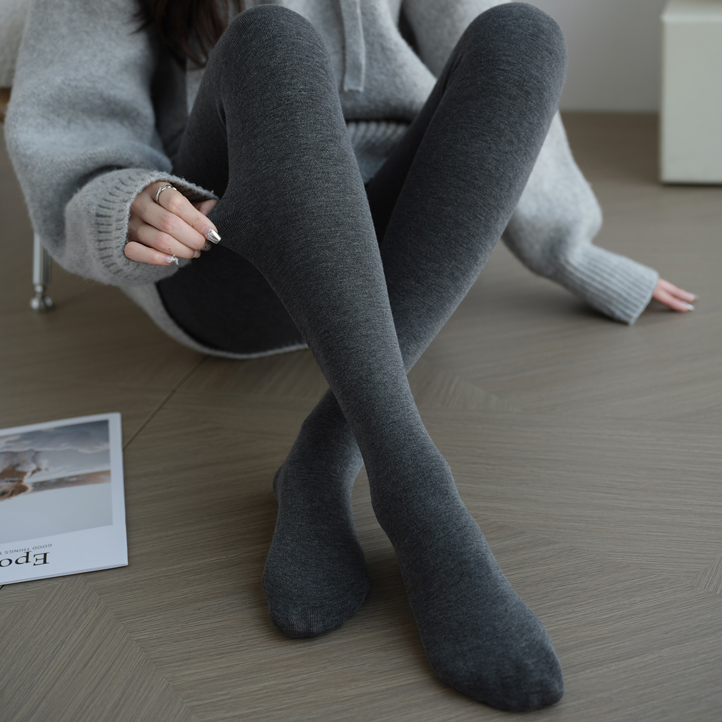 加绒平纹灰色连裤袜保暖显瘦百搭
