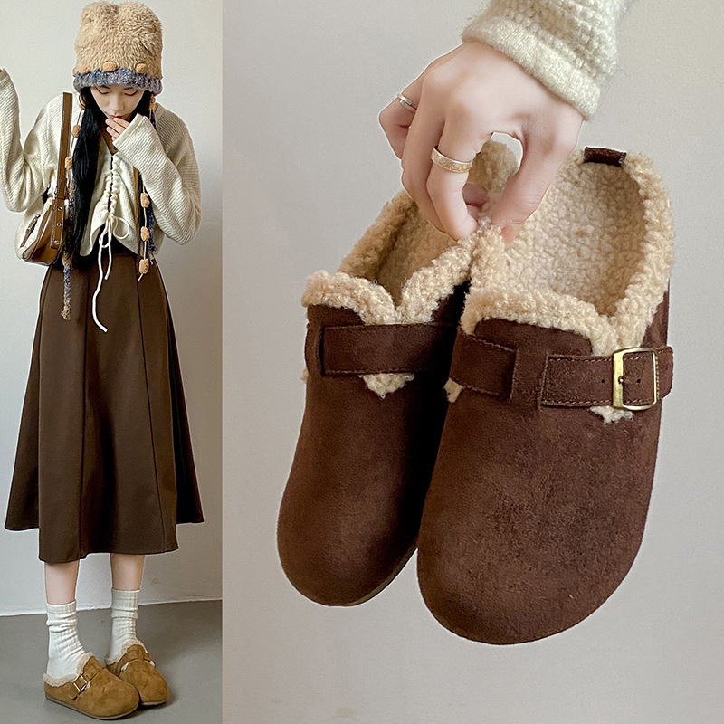 勃肯鞋2025新款秋冬懒人加绒勃肯鞋一脚蹬棉鞋半包头拖鞋外穿Y29