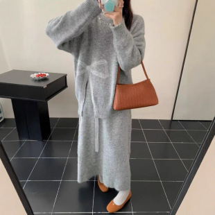 毛衣 胖mm孕妇装 YS不规则蝴蝶结开叉针织半裙套装 女秋冬大码