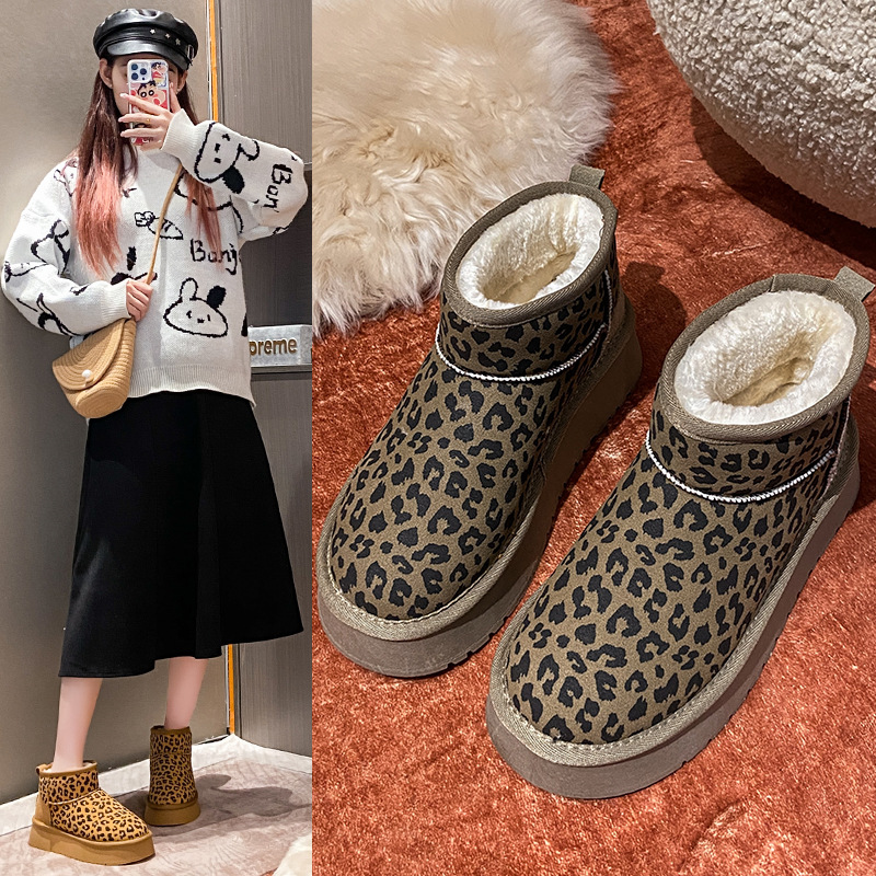 加绒中帮雪地靴女2024冬季豹纹学生ins欧美保暖休闲厚底棉鞋8811