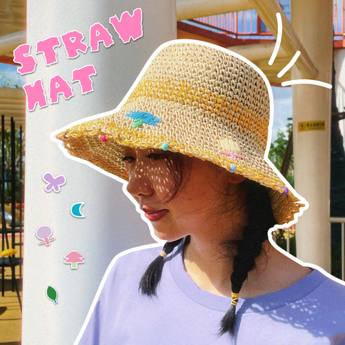 有蒂棵棵编织空顶帽防晒草编